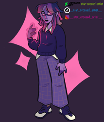 Size: 3877x4519 | Tagged: safe, artist:__star_crossed_artist__, artist:star-crossed-artist, imported from derpibooru, twilight sparkle, human, alternate hairstyle, clothes, elf ears, female, glasses, humanized, lipstick, magic, pants, pony coloring, shirt, shoes, sneakers, solo, sweater