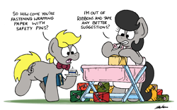 Size: 2442x1523 | Tagged: safe, artist:bobthedalek, imported from derpibooru, oc, oc only, oc:mixed melody, oc:octavia's father, oc:octavia's mother, oc:ostinato melody, earth pony, pony, apron, bipedal, book, bowtie, changing table, clothes, cup, mouth hold, safety pin, teacup, wrapping, wrapping paper