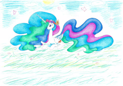 Size: 2204x1550 | Tagged: safe, artist:bluemagic, imported from derpibooru, princess celestia, alicorn, butterfly, pony, ethereal mane, ethereal tail, horn, lying down, prone, tail, wings