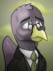 Size: 624x840 | Tagged: safe, artist:notoriousnostalgia, imported from derpibooru, oc, oc only, oc:ceron greytalon, griffon, equestria at war mod, beak, bust, clothes, digital art, facial hair, folded wings, glasses, gradient background, griffon oc, jacket, male, moustache, necktie, new characters for equestria at war, new characters for equestria at war mod, portrait, solo, suit, wings