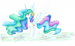 Size: 2146x1310 | Tagged: safe, artist:bluemagic, imported from derpibooru, princess celestia, alicorn, pony, ethereal mane, ethereal tail, horn, spread wings, tail, wings