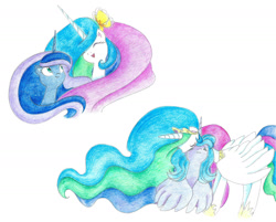 Size: 1986x1596 | Tagged: safe, artist:bluemagic, imported from derpibooru, princess celestia, princess luna, alicorn, pony, crying, ethereal mane, ethereal tail, horn, jewelry, regalia, s1 luna, simple background, tail, white background, wings