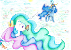 Size: 2226x1584 | Tagged: safe, artist:bluemagic, imported from derpibooru, princess celestia, princess luna, alicorn, butterfly, pony, ethereal mane, ethereal tail, hat, horn, tail, wings