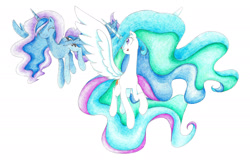 Size: 2146x1400 | Tagged: safe, artist:bluemagic, imported from derpibooru, princess celestia, princess luna, alicorn, pony, ethereal mane, ethereal tail, flying, horn, simple background, spread wings, tail, white background, wings