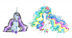 Size: 2000x1076 | Tagged: safe, artist:bluemagic, imported from derpibooru, princess celestia, princess luna, alicorn, pony, 80s princess celestia, horn, punk luna, simple background, white background, wings