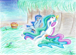 Size: 2202x1582 | Tagged: safe, artist:bluemagic, imported from derpibooru, princess celestia, princess luna, alicorn, pony, ethereal mane, ethereal tail, fruit, horn, lying down, on back, tail, wings