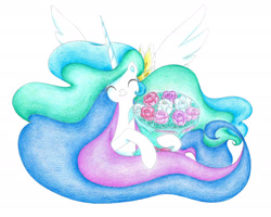 Size: 2110x1690 | Tagged: safe, artist:bluemagic, imported from derpibooru, princess celestia, alicorn, pony, bouquet, bouquet of flowers, ethereal mane, flower, horn, simple background, smiling, spread wings, white background, wings