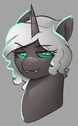 Size: 478x778 | Tagged: safe, artist:poxy_boxy, imported from derpibooru, oc, oc only, oc:kitu elder, changeling, changeling queen, bedroom eyes, bust, changeling oc, ears, female, gray coat, horn, portrait, simple background, smug, solo, solo female, teal eyes, white mane