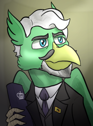 Size: 624x840 | Tagged: safe, artist:notoriousnostalgia, imported from derpibooru, oc, oc only, oc:edwin van cleef, griffon, equestria at war mod, beak, beard, blue eyes, book, bust, clothes, digital art, facial hair, folded wings, gradient background, griffon oc, holding a book, jacket, male, moustache, necktie, new characters for equestria at war, new characters for equestria at war mod, pin, portrait, smiling, solo, suit, wings