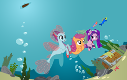 Size: 1276x804 | Tagged: safe, artist:andrevus, artist:cloudy glow, artist:saphirabjarskular, imported from derpibooru, aria blaze, ocellus, scootaloo, fish, mermaid, merpony, pony, seapony (g4), arialoo, arialoollus, bubble, crack shipping, cute, cutealoo, diaocelles, disguise, disguised changeling, female, filly, foal, lesbian, looking at each other, looking at someone, lucky bitch, mare, mermaidized, open mouth, open smile, ponified, rock, scootacellus, scootalove, seaponified, seapony ocellus, seapony scootaloo, seaweed, shipping, smiling, smiling at each other, species swap, treasure chest, trio, underwater, water