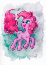 Size: 567x800 | Tagged: safe, artist:bezeba, imported from derpibooru, pinkie pie, earth pony, pony, abstract background, open mouth, signature, traditional art, watercolor painting