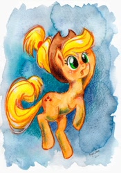 Size: 560x800 | Tagged: safe, artist:bezeba, imported from derpibooru, applejack, earth pony, pony, abstract background, hat, open mouth, signature, traditional art, watercolor painting