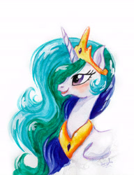 Size: 4867x6330 | Tagged: safe, artist:bezeba, imported from derpibooru, princess celestia, alicorn, pony, ethereal mane, jewelry, regalia, signature, simple background, traditional art, watercolor painting