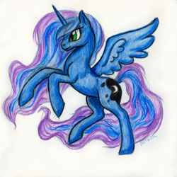 Size: 4663x4666 | Tagged: safe, artist:bezeba, imported from derpibooru, princess luna, alicorn, pony, ethereal mane, ethereal tail, simple background, spread wings, tail, traditional art, watercolor painting, wings