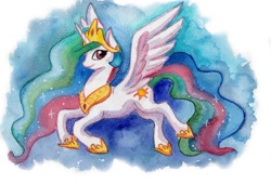 Size: 950x645 | Tagged: safe, artist:bezeba, imported from derpibooru, princess celestia, alicorn, pony, abstract background, ethereal mane, ethereal tail, flying, jewelry, regalia, spread wings, tail, traditional art, watercolor painting, wings