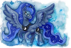 Size: 950x638 | Tagged: safe, artist:bezeba, imported from derpibooru, princess luna, alicorn, pony, abstract background, ethereal mane, ethereal tail, jewelry, regalia, spread wings, tail, traditional art, watercolor painting, wings