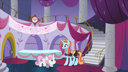 Size: 1279x719 | Tagged: artist needed, safe, anonymous artist, artist:koolfrood, artist:sketchmcreations, artist:soren-the-owl, imported from derpibooru, sassy saddles, sweetie belle, pony, unicorn, boutique, clothes, crack shipping, cute, diasweetes, dress, duo, eyeshadow, female, filly, foal, grin, horn, lesbian, looking at each other, looking at someone, makeup, mare, sassybelle, sassybetes, shipping, smiling, smiling at each other, this will end in hugs, this will end in kisses, this will end in love