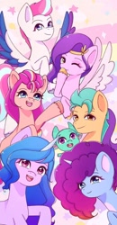 Size: 500x960 | Tagged: safe, artist:flutter._marine, imported from derpibooru, hitch trailblazer, izzy moonbow, pipp petals, sunny starscout, zipp storm, dragon, earth pony, pegasus, pony, unicorn, abstract background, applejack (g5), baby, baby dragon, female, fluttershy (g5), g5, group photo, horn, looking at you, male, mane five, mane seven (g5), mane six (g5), mane stripe sunny, mare, misty brightdawn, phone wallpaper, pinkie pie (g5), rainbow dash (g5), rarity (g5), rebirth misty, sparky sparkeroni, stallion, twilight sparkle (g5), wallpaper