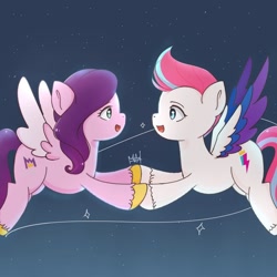 Size: 736x736 | Tagged: safe, artist:flutter._marine, imported from derpibooru, pipp petals, zipp storm, pegasus, pony, abstract background, duo, duo female, female, g5, holding hooves, looking at each other, looking at someone, mare, night, night sky, portrait day, royal sisters (g5), siblings, sisters, sky