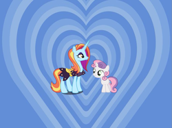 Size: 959x718 | Tagged: artist needed, safe, anonymous artist, artist:ready2fail, artist:xebck, imported from derpibooru, sassy saddles, sweetie belle, pony, unicorn, crack shipping, cute, diasweetes, duo, eyeshadow, female, filly, foal, grin, heart, heart background, horn, lesbian, looking at each other, looking at someone, makeup, mare, sassybelle, sassybetes, shipping, smiling, smiling at each other