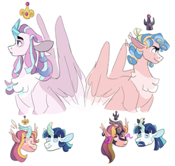 Size: 2512x2382 | Tagged: safe, artist:baylard, imported from derpibooru, cozy glow, princess cadance, princess flurry heart, shining armor, alicorn, pegasus, pony, unicorn, alternate universe, beard, eye mist, facial hair, female, horn, horn crystals, interdimensional siblings, magic suppression, mare, mirror universe, older, older flurry heart, parent:princess cadance, parent:shining armor, simple background, white background