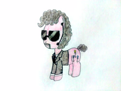 Size: 4032x3016 | Tagged: safe, imported from derpibooru, pinkie pie, earth pony, pony, alternate hair color, alternate hairstyle, bodyguard, clothes, facial hair, female, gray mane, gray tail, jacket, mare, moustache, pinktober, pinktober 2023, short tail, solo, standing, sunglasses, tail, traditional art