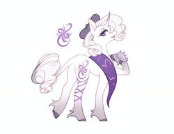 Size: 1620x1246 | Tagged: safe, artist:anemonaii, imported from derpibooru, part of a set, rarity, pony, unicorn, alternate design, alternate eye color, alternate mane color, alternate tail color, alternate tailstyle, beauty mark, beret, cascading cutie mark, clothes, colored eyebrows, colored hooves, colored pupils, curved horn, ear piercing, earring, eyelashes, eyeshadow, female, fetlock tuft, gradient horn, gradient legs, gradient tail, hat, hoof on chest, hooves, horn, jewelry, leonine tail, lipstick, looking back, makeup, mare, piercing, pincushion, purple eyes, purple eyeshadow, purple hooves, raised leg, red lipstick, red pupils, redesign, scarf, signature, simple background, smiling, solo, tail, thin tail, underhoof, unicorn horn, white background, white coat, white mane, white tail