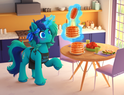 Size: 3081x2351 | Tagged: safe, artist:moetempura, imported from derpibooru, oc, oc only, oc:rocky blues, pony, unicorn, apron, bandana, blushing, breakfast, chair, clothes, commissioner:rockatdusk, counter, cup, food, fruit, horn, kitchen, magic, magic aura, male, omelette, pancakes, solo, stallion, stallion oc, stove, syrup, table, unicorn oc, window