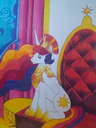 Size: 1536x2048 | Tagged: safe, artist:maximil51083715, imported from derpibooru, princess celestia, alicorn, pony, armor, castle, crown, ethereal mane, jewelry, male, regalia, rule 63, solo, throne room, traditional art