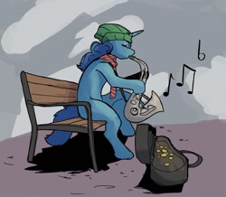 Size: 1293x1125 | Tagged: safe, artist:double-zr-tap, imported from derpibooru, oc, oc only, oc:rocky blues, pony, unicorn, beanie, bench, bits, case, clothes, commissioner:legionofblues, hat, horn, male, music notes, musical instrument, performance, playing instrument, saxophone, scarf, sitting, stallion, stallion oc, unicorn oc