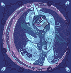 Size: 1224x1254 | Tagged: safe, artist:webkinzworldz, imported from derpibooru, princess luna, alicorn, pony, :<, alternate design, alternate mane color, big eyes, blue coat, blue mane, blue sclera, bust, colored horn, colored sclera, crescent moon, crying, ear fluff, ear freckles, ethereal mane, female, filigree, floppy ears, freckles, frown, glowing, glowing horn, horn, limited palette, long mane, long neck, looking up, magic, mare, moon, neck freckles, portrait, profile, shiny eyes, shiny horn, shiny mane, small horn, solo, sparkles, sparkly eyes, star freckles, starry mane, unicorn horn, wingding eyes