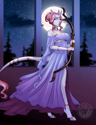 Size: 2550x3300 | Tagged: safe, artist:askbubblelee, imported from derpibooru, oc, oc only, oc:rosie quartz, anthro, unguligrade anthro, unicorn, anthro oc, bow (weapon), clothes, digital art, dress, female, full moon, horn, jewelry, leonine tail, lipstick, mare, moon, night, side slit, solo, starry night, stars, tail, unicorn oc