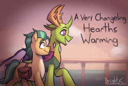 Size: 1542x1036 | Tagged: safe, artist:bkiltersot, imported from derpibooru, hitch trailblazer, thorax, changeling, earth pony, pony, bag, duo, duo male, fanfic art, g5, horn, looking at each other, looking at someone, male, saddle bag, smiling, walking, wings