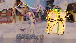 Size: 3840x2160 | Tagged: safe, artist:ytkitty, imported from derpibooru, oc, oc:sweetieck dreams, 3d, blender, cute, happy new year, holiday, magic, present, snow, snowfall