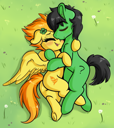 Size: 1280x1432 | Tagged: safe, artist:wickedsilly, edit, spitfire, oc, oc:anon, oc:anon stallion, earth pony, pegasus, pony, blushing, canon x oc, clover, cuddling, cute, cutefire, eyes closed, female, four leaf clover, grass, male, mare, ocbetes, shipping, stallion, straight