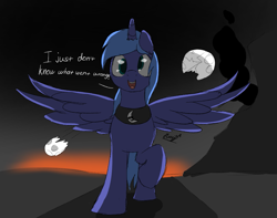 Size: 985x776 | Tagged: safe, artist:ricy, derpy hooves, princess luna, alicorn, pony, destruction, dialogue, fire, fusion, i just don't know what went wrong, moon, smoke, solo