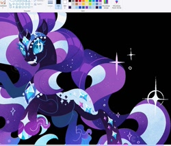 Size: 1111x948 | Tagged: safe, artist:rotten_hyena, imported from derpibooru, nightmare rarity, pony, unicorn, art program in frame, black background, fangs, female, grin, horn, mare, ms paint, rearing, simple background, smiling, solo, underhoof, wip