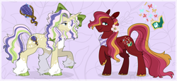 Size: 6306x2892 | Tagged: safe, artist:blazenly-obvious, imported from derpibooru, oc, oc only, earth pony, pony, unicorn, absurd resolution, bandana, blaze (coat marking), bow, coat markings, colored chest fluff, colored hooves, duo, earth pony oc, facial markings, flower, flower in hair, freckles, hair bow, half-siblings, hock fluff, hooves, horn, leg fluff, looking at you, offspring, parent:applejack, parent:big macintosh, parent:fluttershy, parents:applemac, parents:fluttermac, plaid, product of incest, raised hoof, shiny hooves, smiling, smiling at you, socks (coat markings), three toned mane, three toned tail, unicorn oc, unshorn fetlocks, watermark