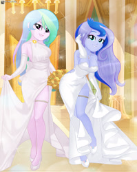 Size: 2077x2612 | Tagged: safe, artist:charliexe, princess celestia, princess luna, equestria girls, breasts, clothes, dress, duo, duo female, evening gloves, female, gloves, high heels, long gloves, shoes, solo, wedding dress