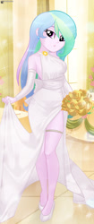 Size: 1092x2607 | Tagged: safe, artist:charliexe, princess celestia, equestria girls, arm warmers, breasts, clothes, dress, female, flower, high heels, rose, shoes, solo, wedding dress