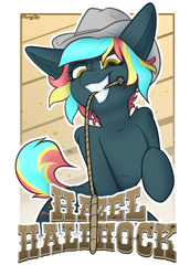 Size: 2160x3134 | Tagged: safe, artist:spoopy-abby, imported from derpibooru, oc, oc only, oc:hazel halfhock, earth pony, pony, badge, con badge, cowboy hat, female, hat, lasso, mare, rope, solo