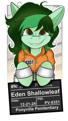 Size: 2160x3840 | Tagged: safe, artist:spoopy-abby, imported from derpibooru, oc, oc only, oc:eden shallowleaf, pegasus, pony, badge, clothes, con badge, cuffs, prison outfit, solo