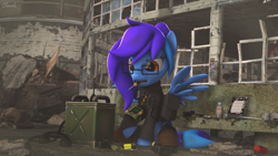 Size: 3840x2160 | Tagged: safe, artist:chacek757, imported from derpibooru, oc, oc only, oc:angley, pegasus, fallout equestria, 3d, bag, bone, clothes, enclave, enclave uniform, frustrated, glasses, laser pistol, pipbuck, radio, saddle bag, screwdriver, skeleton, solo, source filmmaker, uniform, wings