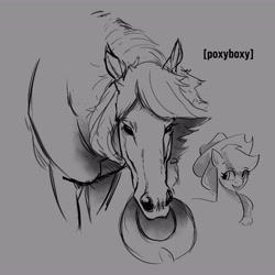 Size: 4096x4096 | Tagged: safe, artist:poxy_boxy, imported from derpibooru, applejack, earth pony, horse, pony, female, gray background, grayscale, mare, monochrome, mouth hold, signature, simple background, solo