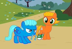 Size: 1158x790 | Tagged: safe, artist:memeartboi, imported from derpibooru, earth pony, pegasus, pony, best friends, bff, brothers, clothes, colt, darwin watterson, determined, determined look, duo, duo male, foal, gumball watterson, horseshoes, male, outdoors, park, pegasus wings, ponified, siblings, socks, standing, the amazing world of gumball, wings