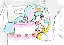 Size: 1315x923 | Tagged: safe, artist:zutcha, imported from derpibooru, princess celestia, alicorn, pony, blushing, cake, cakelestia, caught, female, food, looking at you, mare, open mouth, sketch, solo, spread wings, wings