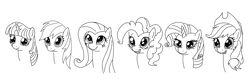 Size: 1500x500 | Tagged: safe, artist:grafc0ndey, applejack, fluttershy, pinkie pie, rainbow dash, rarity, twilight sparkle, black and white, bust, cute, grayscale, head, mane six, monochrome, open smile, simple background, smiling, white background