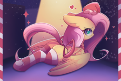 Size: 2600x1750 | Tagged: safe, artist:miryelis, imported from derpibooru, fluttershy, pegasus, pony, bow, butt, christmas, clothes, cute, ear fluff, female, floppy ears, hat, heart, holiday, long hair, lying down, mare, plot, prone, santa hat, smiling, socks, solo, striped socks, underhoof