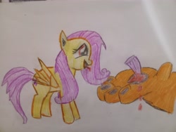 Size: 4096x3072 | Tagged: safe, artist:victoric1993, imported from derpibooru, fluttershy, bat pony, manticore, pony, friendship is magic, bat ponified, bleeding, blood, flutterbat, my little pony, race swap, thorn, traditional art