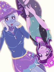 Size: 2175x2900 | Tagged: safe, artist:kekibon, imported from derpibooru, starlight glimmer, trixie, equestria girls, beanie, clothes, duo, duo female, female, hat, hoodie, jeans, lesbian, pants, ripped jeans, ripped pants, shipping, shirt, skirt, startrix, t-shirt, torn clothes, trixie's hat, vest, watch, wristwatch